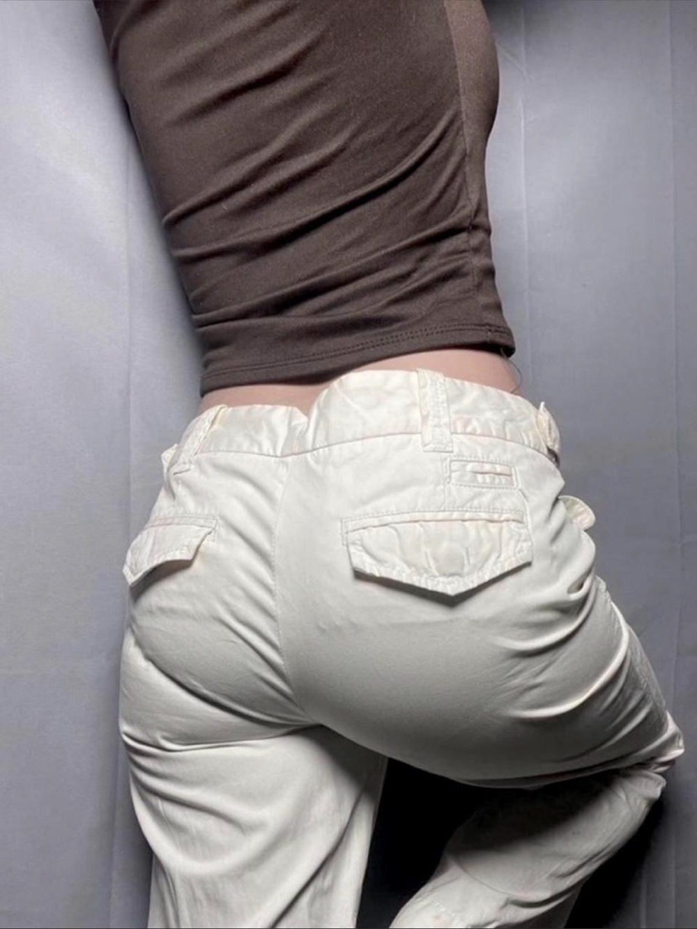 High-Rise Cream Straight Leg Pants with Flap Back Pockets